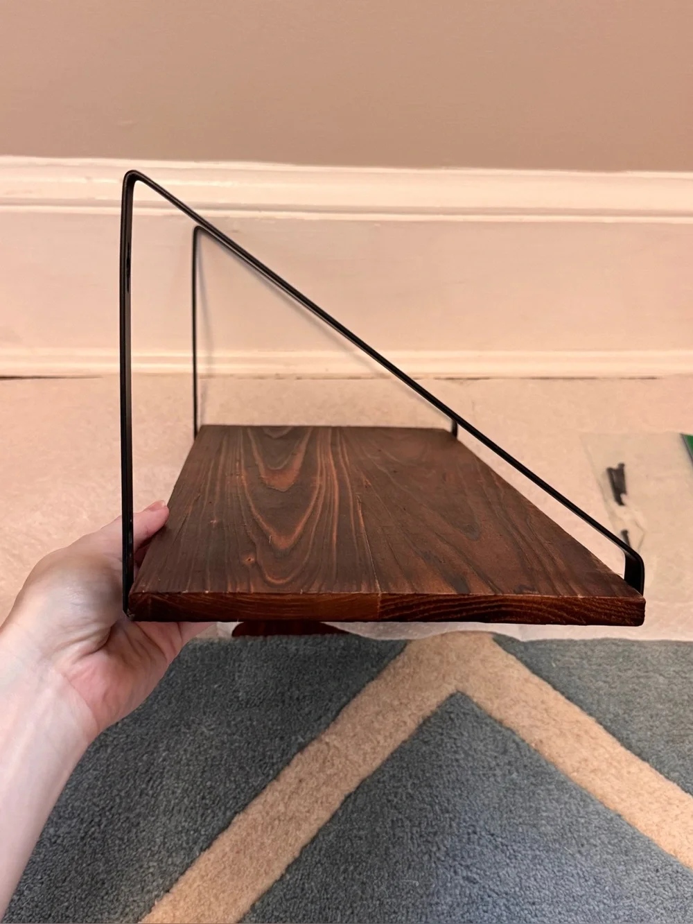 Rustic Dark Wood Floating Shelf with Black Brackets